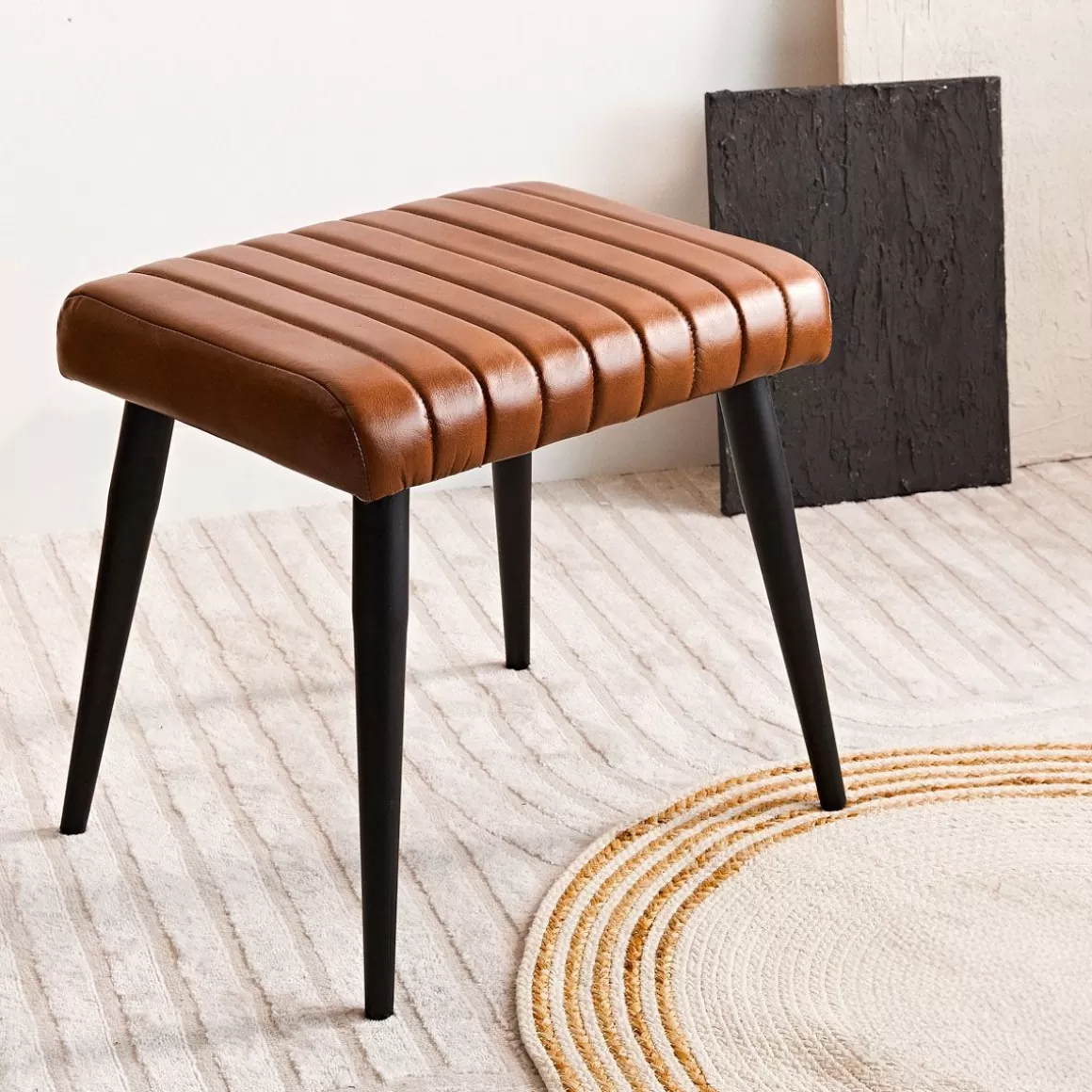 HOMLA Lawka Brizo W Obiciu Ze Skory Bawolej Brazowe 45X37X45 Cm